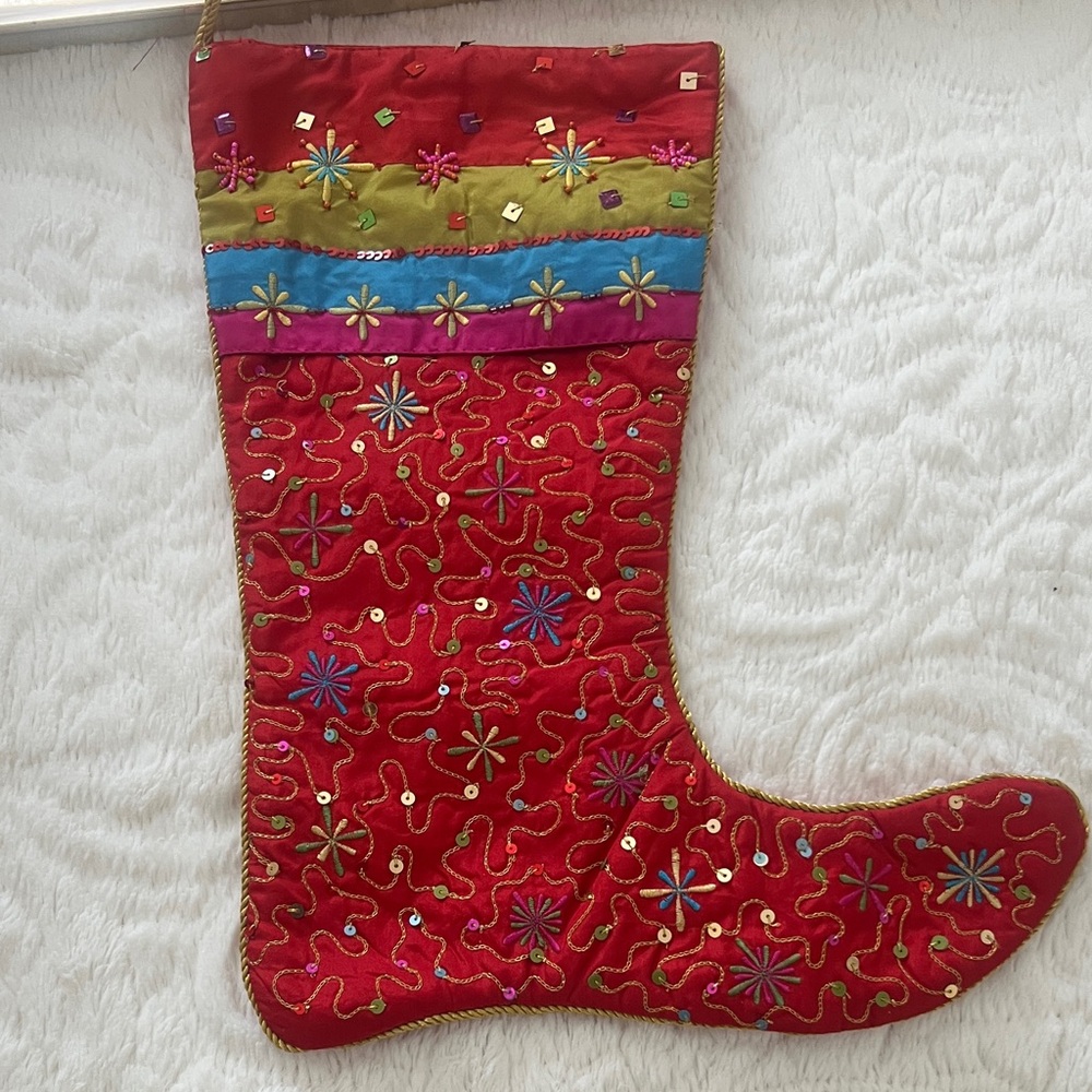 Festive Red Embroidered Christmas Stocking
